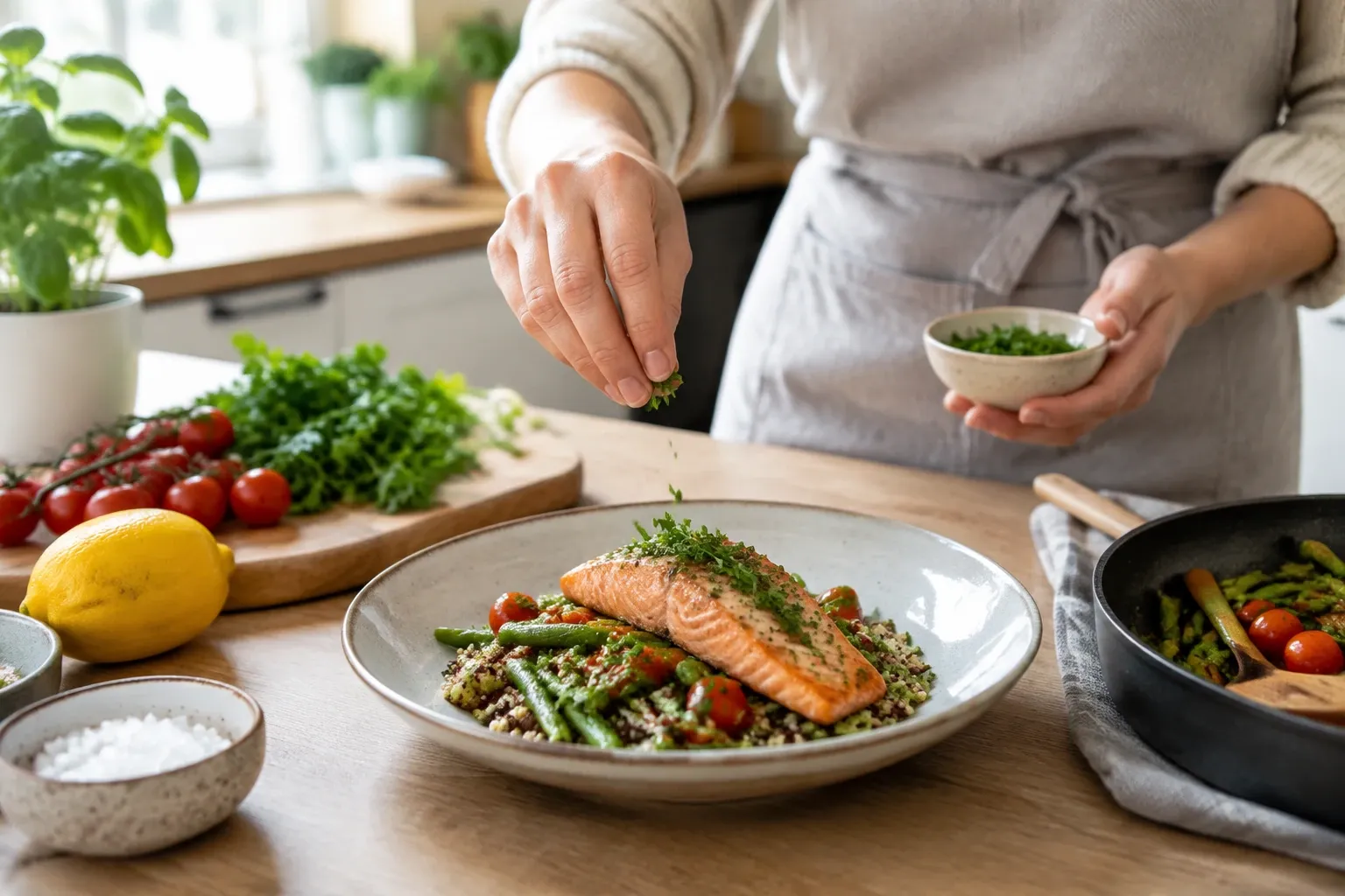 Zalmfilet op quinoa met groene asperges en tomaat, kruiden bestrooid in keuken