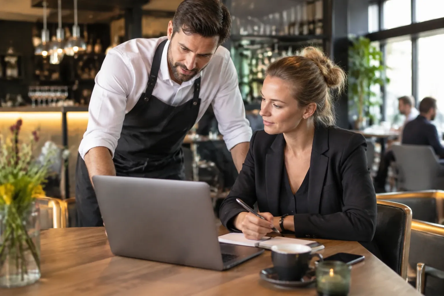 Man in schort uitlegend aan zakenvrouw bij laptop in restaurant met kopje koffie
