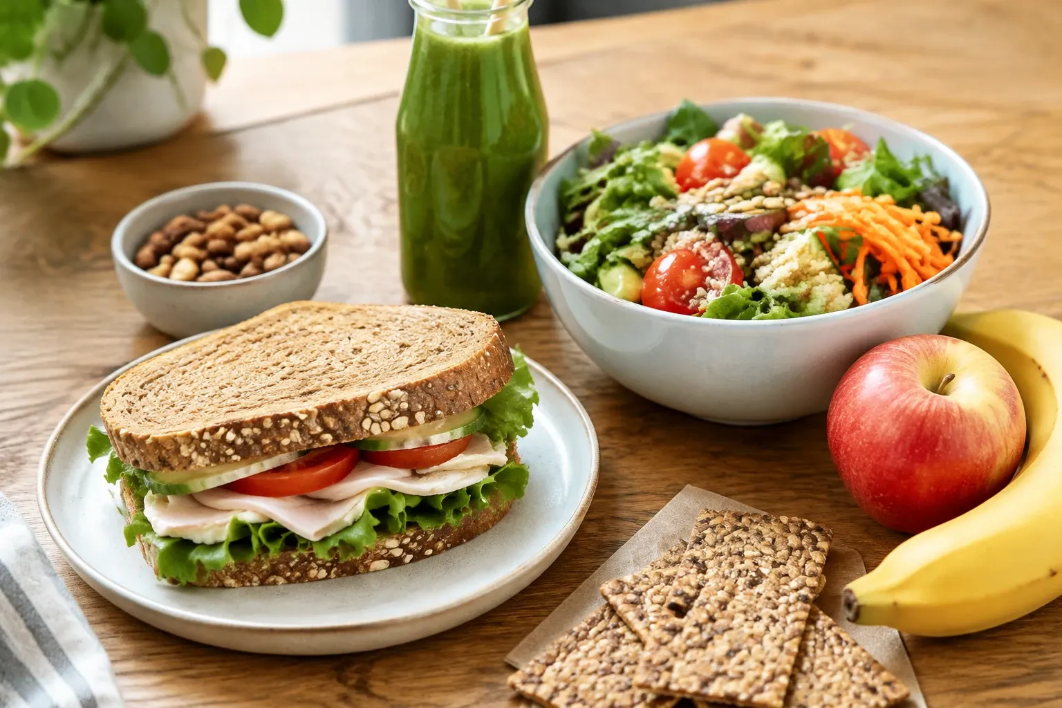 Volkoren sandwich met kip, salade, groene smoothie, appel en banaan op tafel