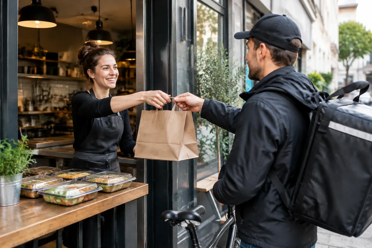 Lachende medewerker overhandigt bezorger papieren tas met maaltijdpakketten bij lunchroom raam