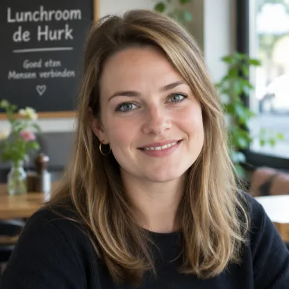 Lachende vrouw met halflang bruin haar en gouden oorring voor een krijtbord in een lunchroom