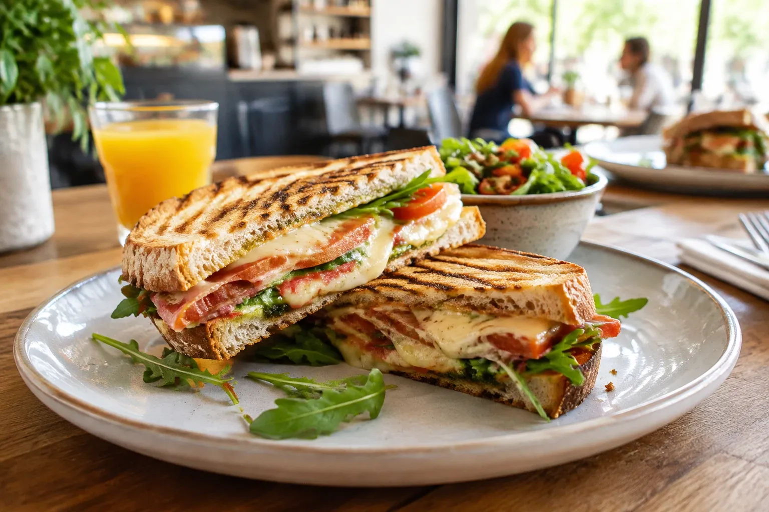 Tosti met gesmolten kaas, tomaat en rucola op bord, salade en jus op tafel