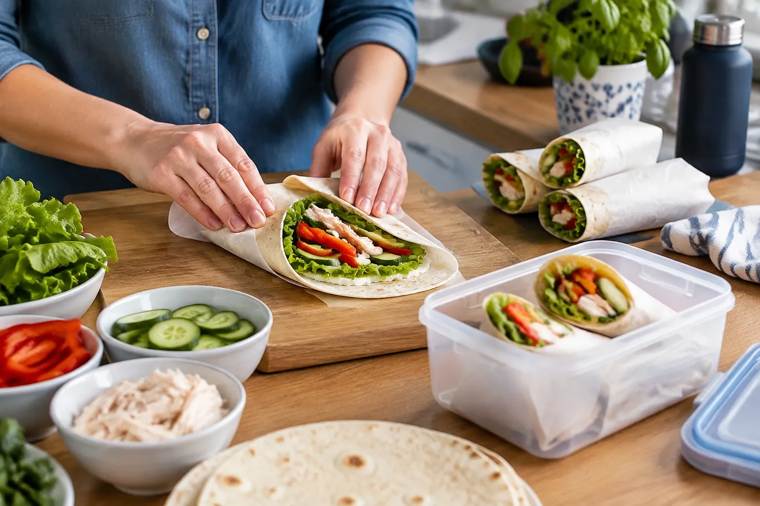 Handen vouwen koude wraps met kip, sla, komkommer en paprika op snijplank
